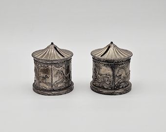 Pair of Vintage Silver Plated Carousel Piggy Banks Set of 2 Horse Merry Go Round Coin Banks