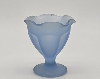 Vintage Frosted Blue Glass Decorative Cup Pedestal Ruffled Rim Art Glass Display Piece