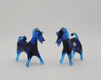 Pair of Vintage Murano-Style Hand-Blown Glass Horses – Cobalt Blue Figurines