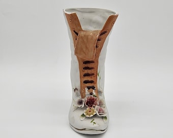 Vintage Porcelain Victorian Boot Vase White Lace-Up Shoe Planter Floral Applied Roses