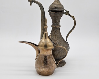 Pair of Vintage Brass Pitchers Ornate Middle Eastern Coffee Pot Floral Etched Metal Ewers