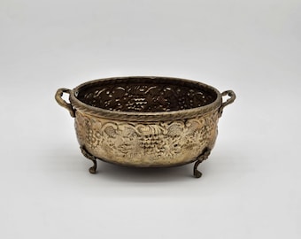 Vintage Brass Footed Planter Grapevine Relief Cachepot Bowl With Handles
