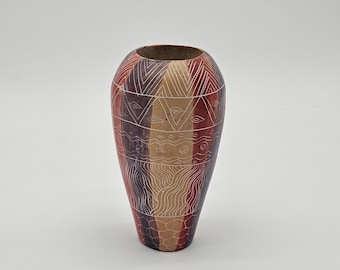 Hand Carved Stone Vase with Etched Tribal Pattern Multicolor Decorative Bud Vase Boho Accent