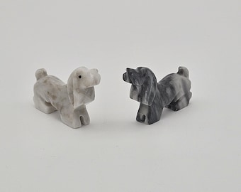 Pair of Hand-Carved Marble Dog Figurines – Black & White Stone Spaniel Sculptures