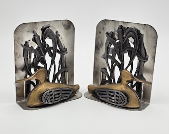 Pair of Vintage Brass Duck Bookends Cattail Marsh Scene Mid Century Modern Book Ends
