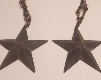 2 (6") 3D Tin Stars Painted Dark Gray with Homespun Hanger -Craft Supplies - Farmhouse Primitive Decor