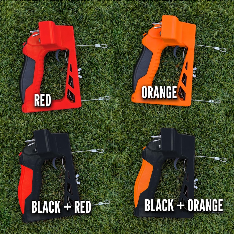 Puede incluir: Se muestran cuatro dispositivos de diferentes colores sobre una superficie de hierba verde. Los dispositivos son rojo, naranja, negro y rojo, y negro y naranja. Cada uno tiene un gatillo y un cable. Los colores est&aacute;n etiquetados en cada dispositivo.