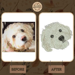 May include: Before and after image of a white dog. The before image shows a photo of the dog. The after image shows an embroidered version of the dog.