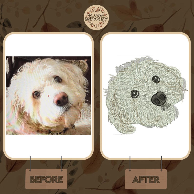 May include: Before and after image of a white dog. The before image shows a photo of the dog. The after image shows an embroidered version of the dog.