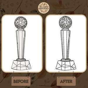 May include: A black and white line drawing of a trophy with a geometric design. The trophy has a round top and a tall, slender base. The image shows the trophy before and after embroidery.
