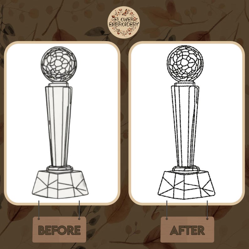May include: A black and white line drawing of a trophy with a geometric design. The trophy has a round top and a tall, slender base. The image shows the trophy before and after embroidery.