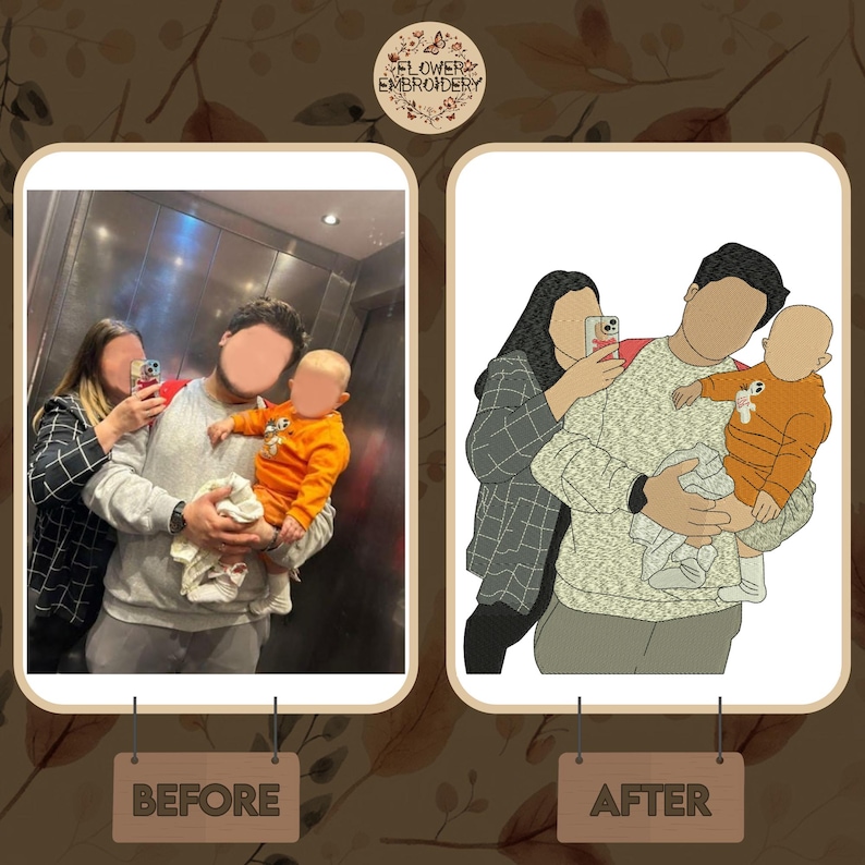 May include: Before and after image showing a family of three, a woman, a man, and a child, being turned into an embroidered illustration. The original image shows the family in a hallway, while the embroidered illustration shows the family in a more stylized pose.