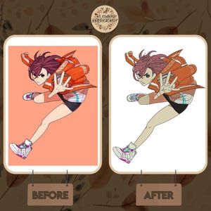 May include: Before and after image showing a digital illustration of a person in a red and white jacket with the text "DANDADAN" and "STAY" on it. The person is in a dynamic pose with one leg extended and the other bent. The image on the right is a cleaned up version of the image on the left.