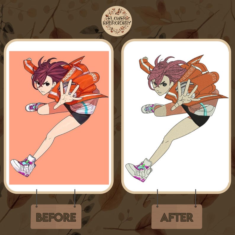 May include: Before and after image showing a digital illustration of a person in a red and white jacket with the text "DANDADAN" and "STAY" on it. The person is in a dynamic pose with one leg extended and the other bent. The image on the right is a cleaned up version of the image on the left.