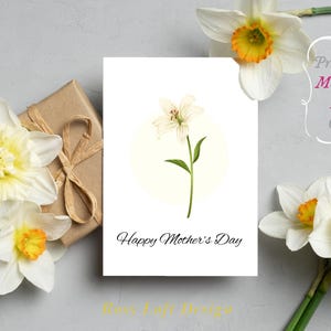 Druckbare Muttertagskartenvorlage, glücklicher Muttertag, elegante weiße Lilienillustration, sofortiger Download, druckbare PDF-Datei