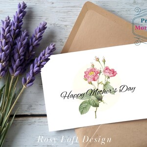 Modelo de cartão para o Dia das Mães para imprimir, Feliz Dia das Mães, Rosa de jardim antiga, Design floral, Download instantâneo, Cartão de felicitações faça você mesmo