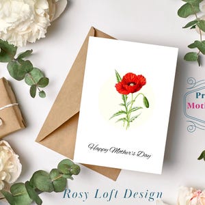 Modelo de cartão para o Dia das Mães para impressão, Feliz Dia das Mães, Papoula, Design floral, Download instantâneo, Cartão de felicitações faça você mesmo, PDF para impressão