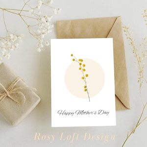 Modello stampabile per biglietto di auguri per la festa della mamma, Auguri per la festa della mamma, Design minimalista con fiore di mimosa, Download immediato, PDF stampabile