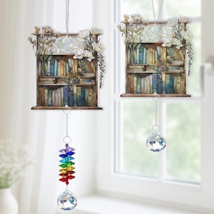 Flower Book Acrylic Suncatcher with Crystal Charm, Book Lover Window Hanging, Book Club, Reading Decor, Literary Ornament, Gift for Readers