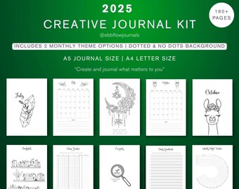 Zestaw kreatywnego dziennika na rok 2025: miesięczne tematy, śledzenie (PDF)
