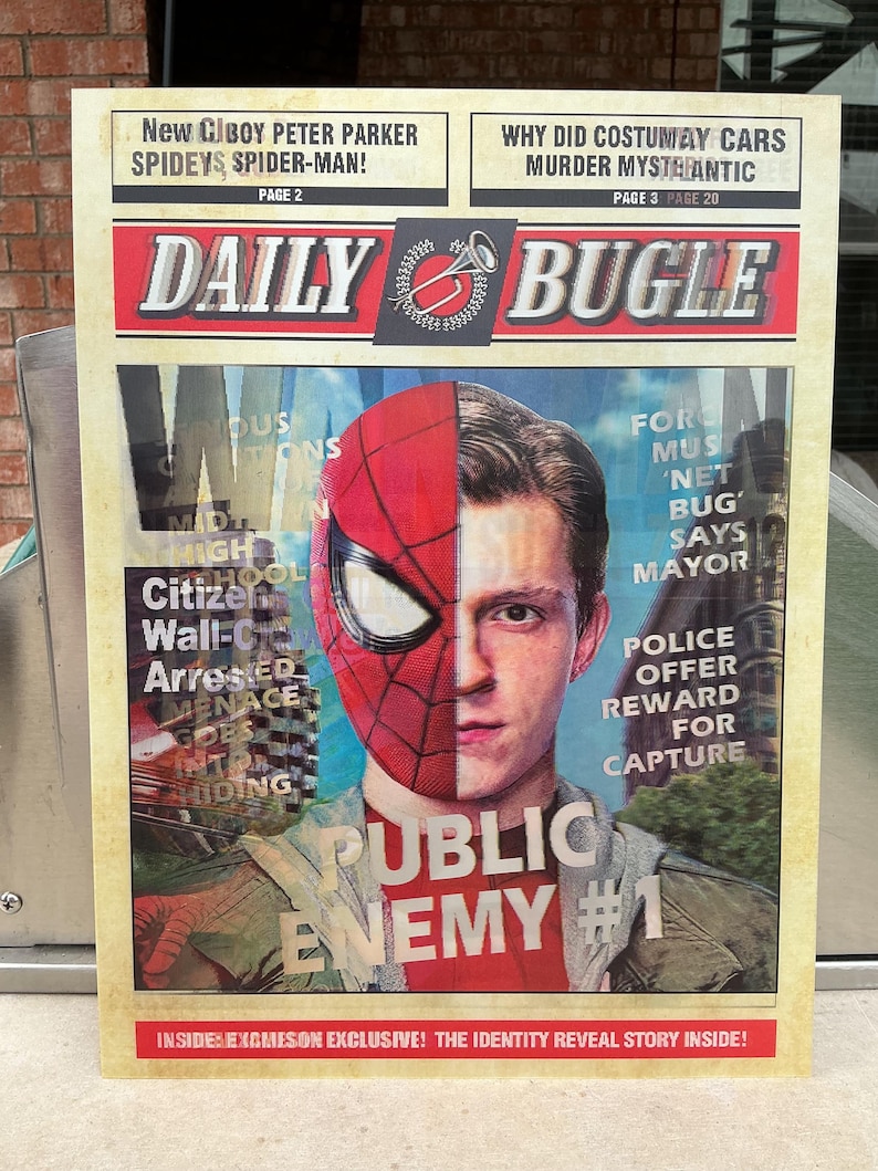 May include: A Daily Bugle newspaper print featuring Spider-Man. The image is split, showing half of Spider-Man's mask and the face of Peter Parker. Headlines include "New CIBOY PETER PARKER SPIDEYS SPIDER-MAN!" and "PUBLIC ENEMY #1."