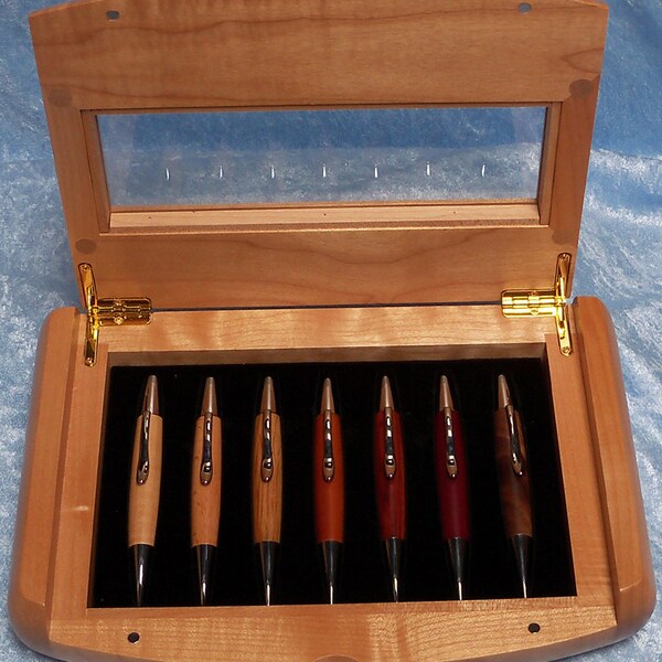 Executive pen set, maple with inlaid trim, seven pens, glass insert in lid, FREE custom engraving