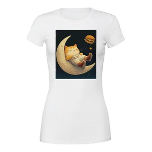 Camiseta de gato espacial de dibujos animados, camiseta de astronauta con gato regordete, diseño de luna creciente de gato espacial, camiseta divertida de gato espacial