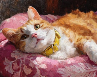 May include: A ginger and white cat wearing a yellow collar, resting on a pink cushion with a white floral pattern. The cat is looking up with green eyes. The image is a painting.