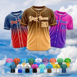 May include: Baseball jerseys in various colors, including blue, red, brown, and pink, with the text "Your Name" and the number "20" on the front. The jerseys are displayed against a cloudy sky background.