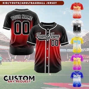 May include: A customizable baseball jersey with a red and black gradient design. The jersey has a white collar and sleeves, and features a white button placket. The back of the jersey has the text "YOUR NAME" and the number "00" in black. The front of the jersey has the text "Team Name" and the number "00" in white. The jersey is available in a variety of colors.