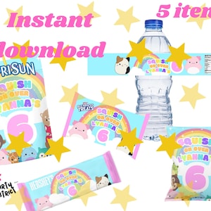 Peut inclure: Un ensemble de cinq étiquettes de faveur de fête imprimables avec un arc-en-ciel, des nuages et le texte "Squish On Over Lyanna's 6". Les étiquettes sont conçues pour les boîtes de jus Capri Sun, les bouteilles d'eau, les barres chocolatées Hershey's, les friandises Rice Krispies et les sacs à collation.