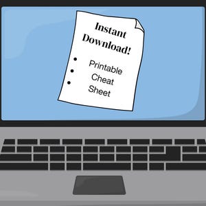 Könnte beinhalten: Ein Laptop mit einem weißen Blatt Papier auf dem Bildschirm. Das Papier trägt den Text "Sofort-Download!" und eine Liste mit Aufzählungszeichen: "Druckbare Spickzettel".