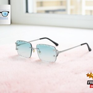 Rimless Square Sunglasses | Gradient Blue Lens Eyewear | Sleek Gold Frame Design | Street Style Fashion Shades | Unisex Urban Look