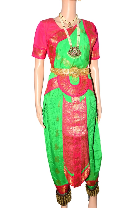 green and pink bharatanatyam dress | Art Silk popover
