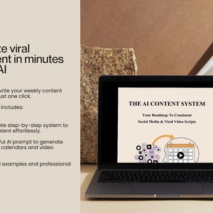 Puede incluir: Un portátil que muestra el texto "THE AI CONTENT SYSTEM", con un gráfico de calendario e iconos de redes sociales. La pantalla está abierta en un escritorio con el texto "Crea contenido viral en minutos con IA". El texto describe cómo crear contenido sin esfuerzo.