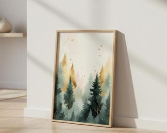 Arte mural de bosque abstracto / Impresión digital de paisaje boscoso verde y dorado