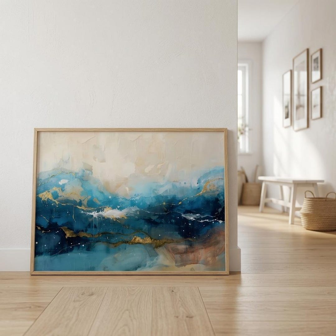 Abstract Aqua Blue Gold Ocean Print Teal Coastal Expressionist Wall Art ...