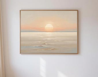 以下が含まれることがあります： 額縁に入った海の夕日の絵。太陽は、桃色の空に描かれた大きく明るい円です。海は穏やかで、ベージュと青の色合いの穏やかな波があります。