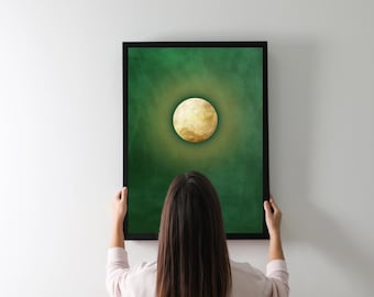 Gold Moon Print Wall Art | Japandi Collection | Emerald Green Home Decor | Japanese Minimalistic Artwork | Wabi-Sabi Abstract Celestial Room