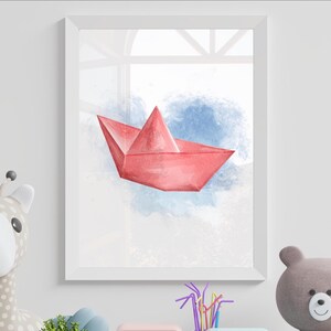 Stampa per cameretta dei bambini con barchetta di carta rossa / Arte murale per la cameretta dei bambini / Bello e nautico