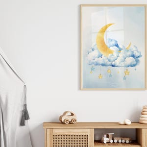 Verträumter Mondsichel Druck | Kinderzimmer Wand Kunst | Sternenklare Nacht