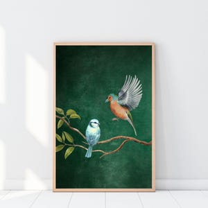 Arte murale con uccelli / Coppia di uccelli su un ramo in stile Japandi / Illustrazione della natura verde / Decorazione minimalista e calma / Decorazione di ispirazione giapponese