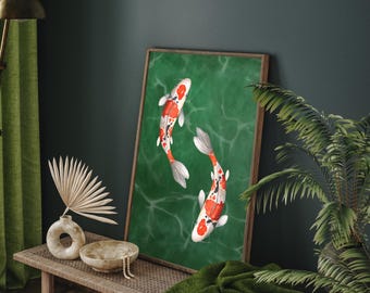 Watercolor Koi Fish Print Wall Art | Japandi Collection | Wabi-Sabi Japanese Artwork | Emerald Green Minimalistic Room Digital Download