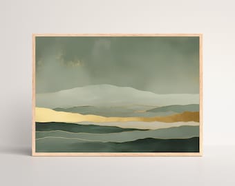 Matcha Hills Japandi Landscape Print | Sage Green Gold Minimalist Mountain Wall Art | Modern Wabi-Sabi Large Horizontal Digital Download