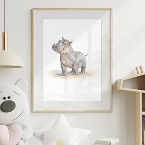 Impresión de habitación de bebé con hipopótamo, arte de pared para guardería / Animales de safari salvajes y maravillosos, decoración para niños / Ilustración de hipopótamo con acuarela pastel