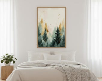 Arte abstracto de bosque para pared / Lámina de paisaje boscoso en verde y dorado