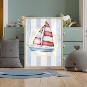 Stampa per cameretta dei bambini con barca a vela rossa e bianca / Arte murale per la cameretta dei bambini / Bello e nautico