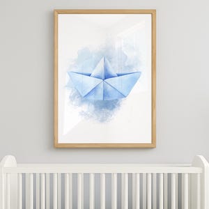 Stampa per cameretta con barchetta di carta blu / Decorazione murale per cameretta / Bello e nautico