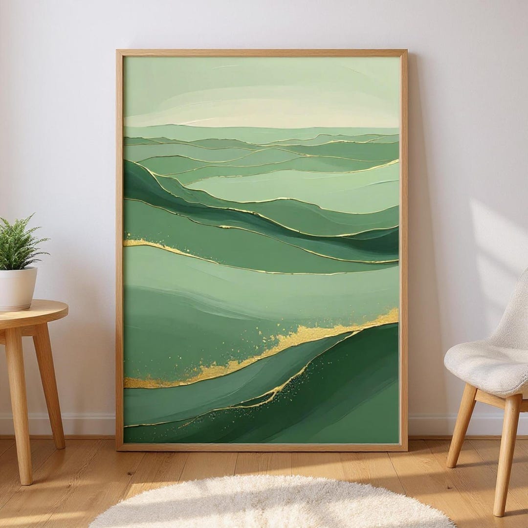 Sage Green & Matcha Waves Wall Art | Japandi Print With Gold Accents ...