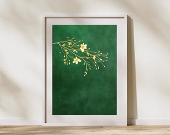 Golden Cherry Blossom Print Wall Art | Emerald Green Artwork | Japandi Collection | Minimalist Decor Lounge Dining Room Painting